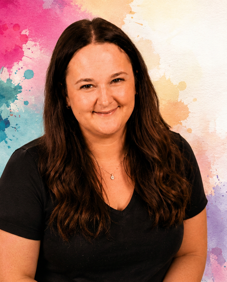 Hailey, the face painting artist, smiling with a brush and colorful paint palette
